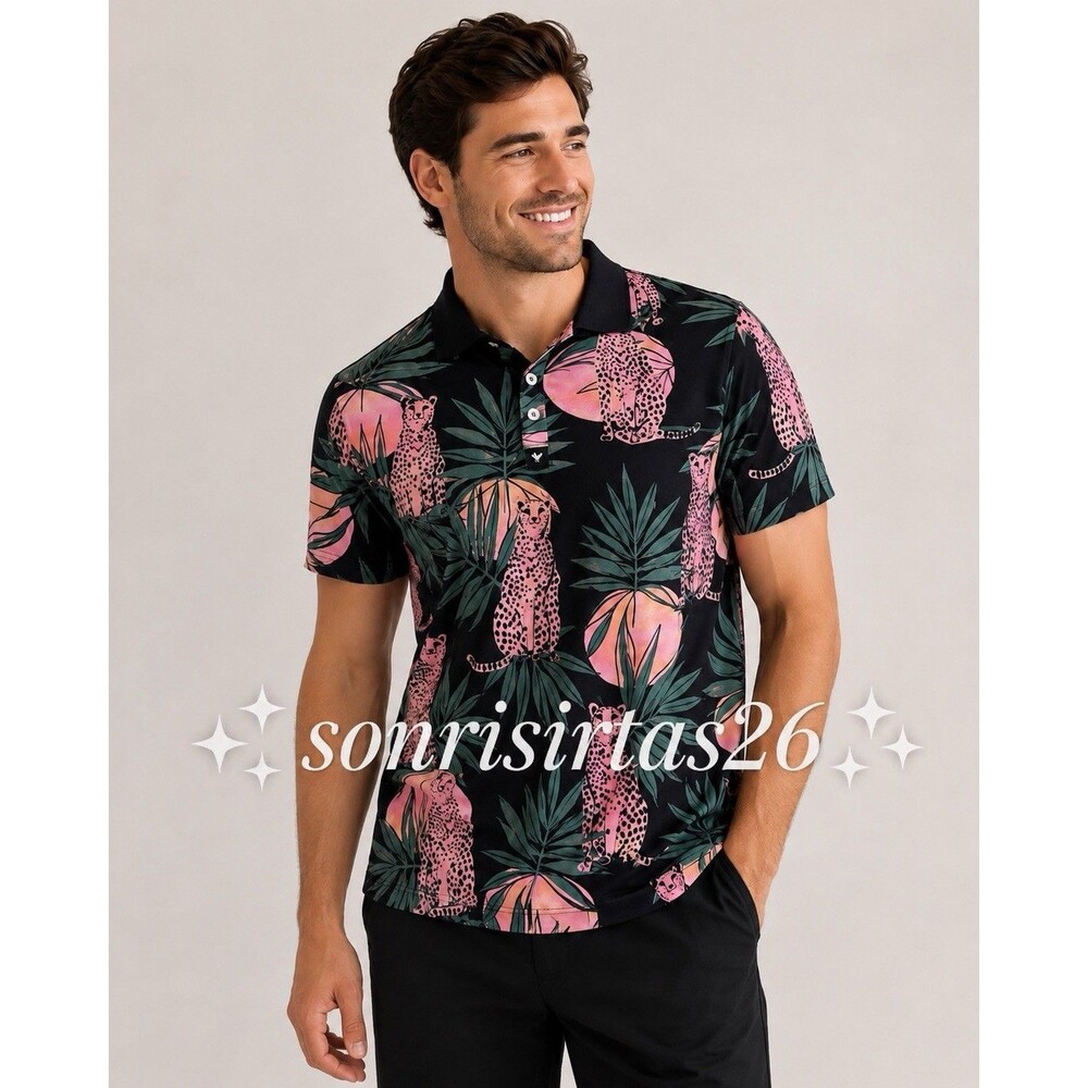 Bad Birdie Dayglow Golf Polo Shirt Men XXL Black Pink Cheetah UPF 50 Tropical